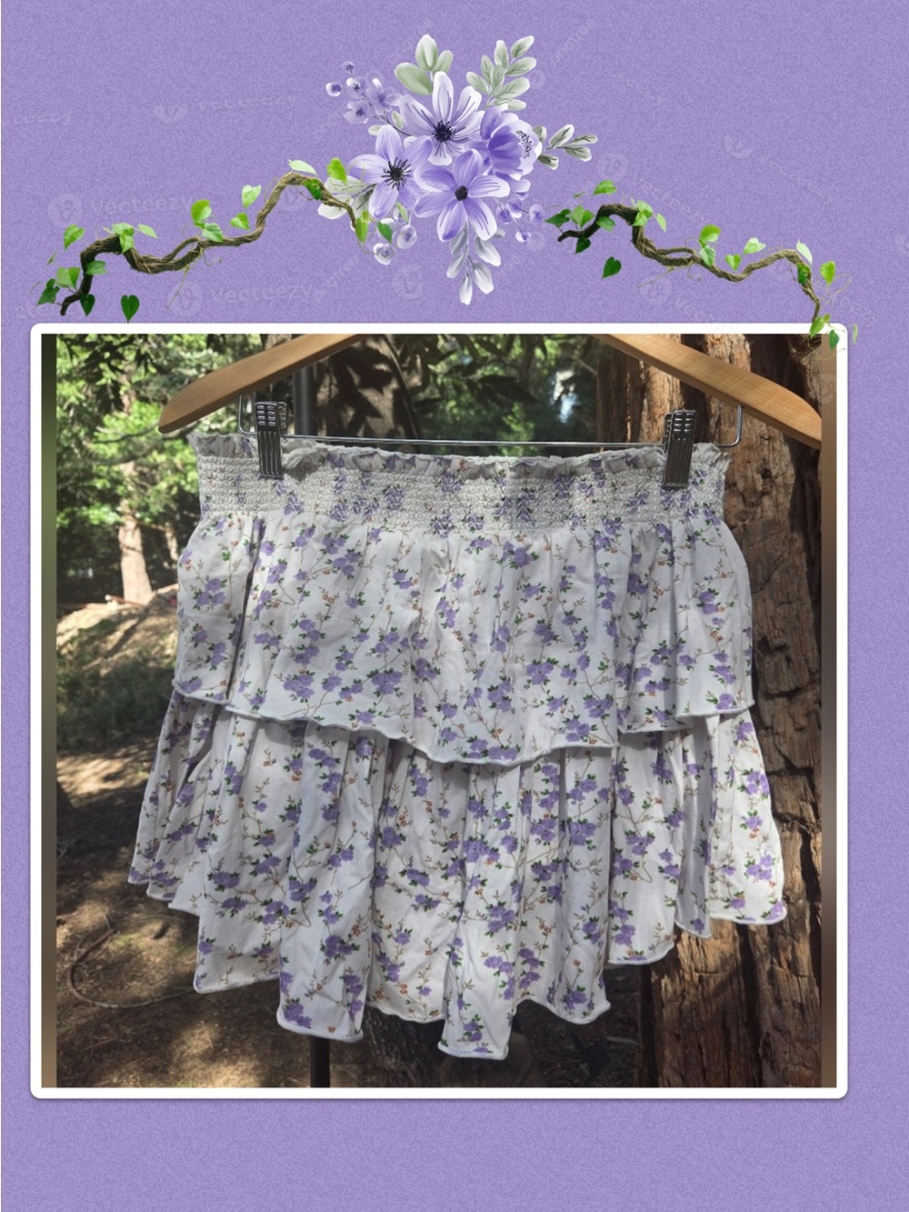 LoveShackFancy Smocked Waist Floral Ruffle Mini Skirt - White & Lavender
